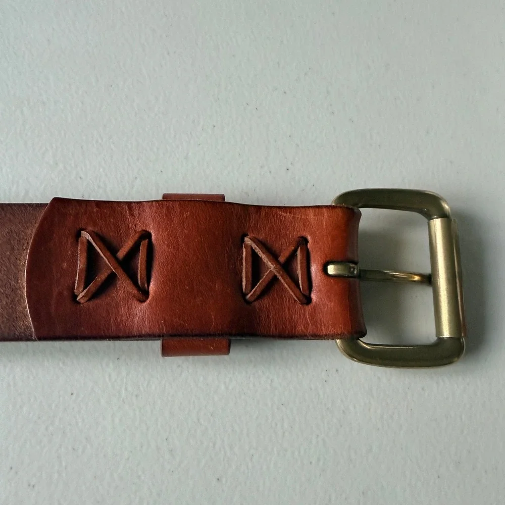 Polo Ralph Lauren Leather Belt 34 Brown Cross Stitch Brass Buckle 405070171-236